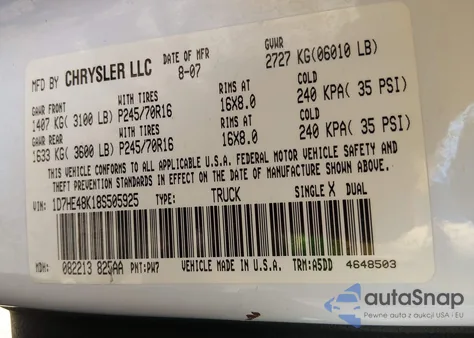 2008 Dodge Dakota Slt z USA, uszkodzony, nr VIN 1D7HE48K18S505925